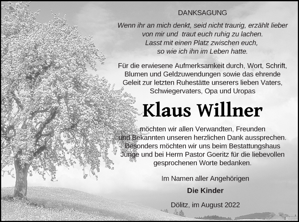  Traueranzeige für Klaus Willner vom 19.08.2022 aus Mecklenburger Schweiz