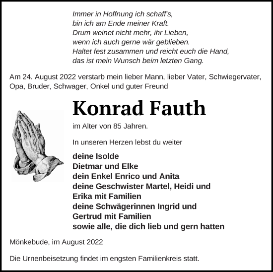 Traueranzeige von Konrad Fauth von Haff-Zeitung