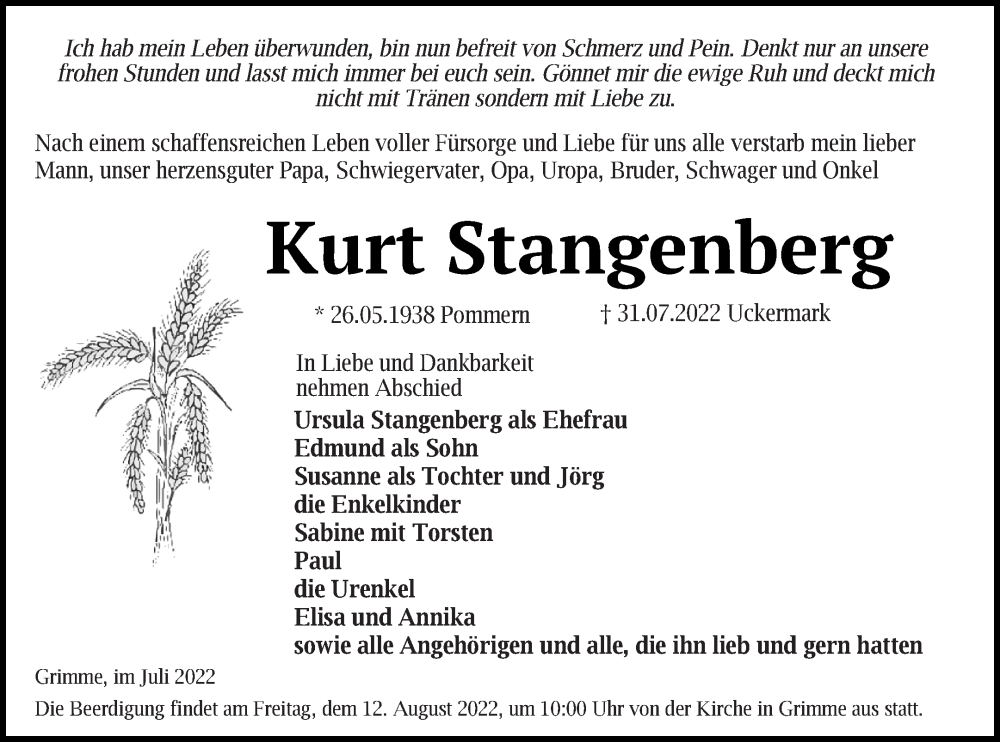  Traueranzeige für Kurt Stangenberg vom 05.08.2022 aus Pasewalker Zeitung