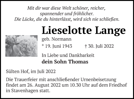 Traueranzeige von Lieselotte Lange von Mecklenburger Schweiz