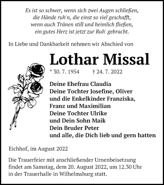 Traueranzeige von Lothar Missal von Haff-Zeitung