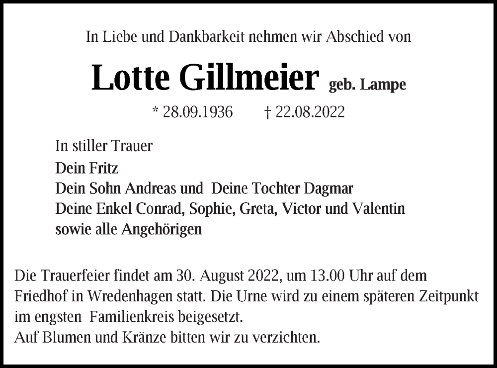  Traueranzeige für Lotte Gillmeier vom 25.08.2022 aus Müritz-Zeitung
