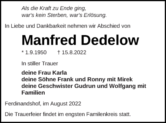 Traueranzeige von Manfred Dedelow von Haff-Zeitung