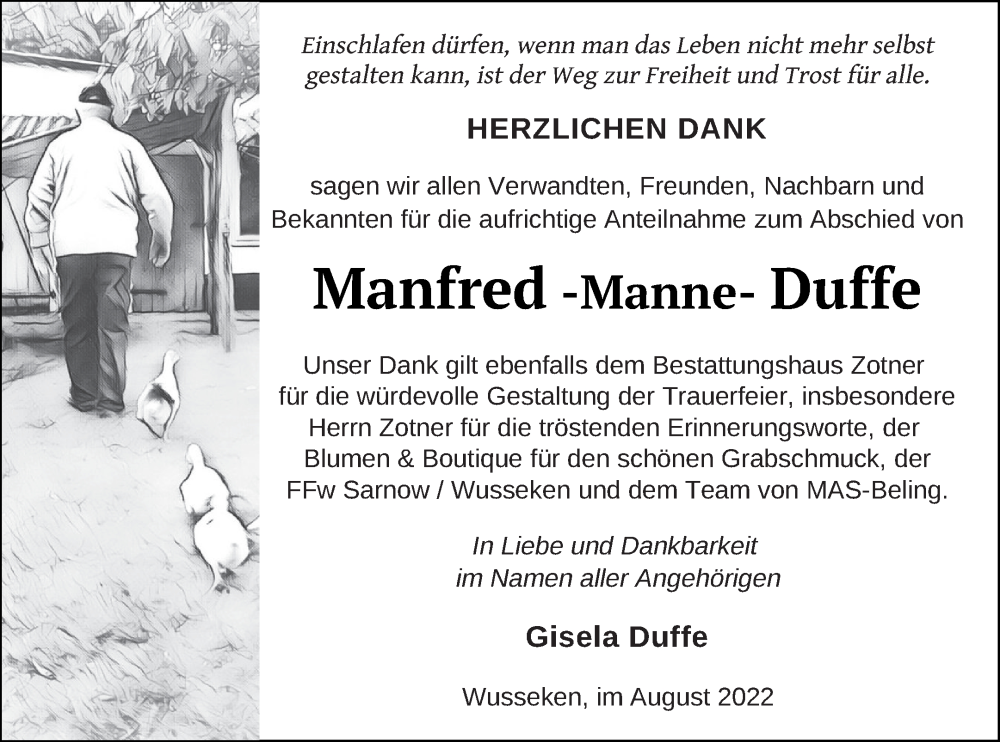  Traueranzeige für Manfred Duffe vom 13.08.2022 aus Vorpommern Kurier