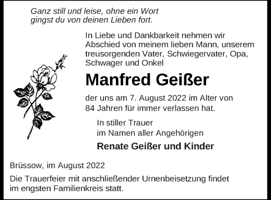 Traueranzeige von Manfred Geißer von Prenzlauer Zeitung