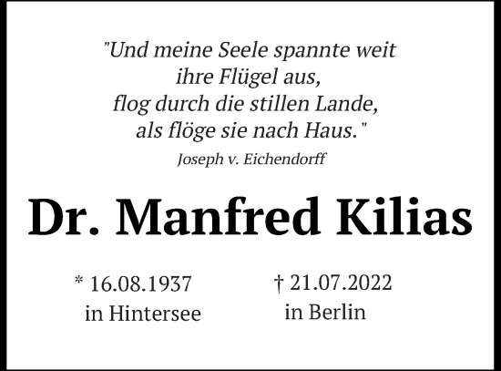 Traueranzeige von Manfred Kilias von Vorpommern Kurier