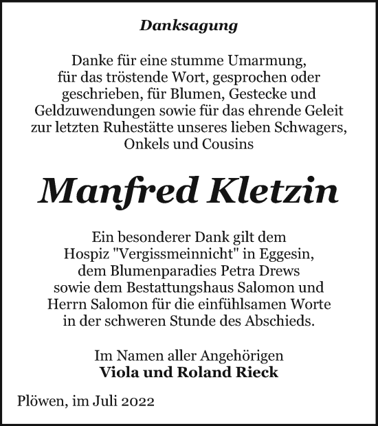 Traueranzeige von Manfred Kletzin von Pasewalker Zeitung