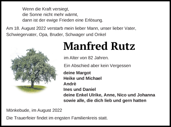 Traueranzeige von Manfred Rutz von Haff-Zeitung