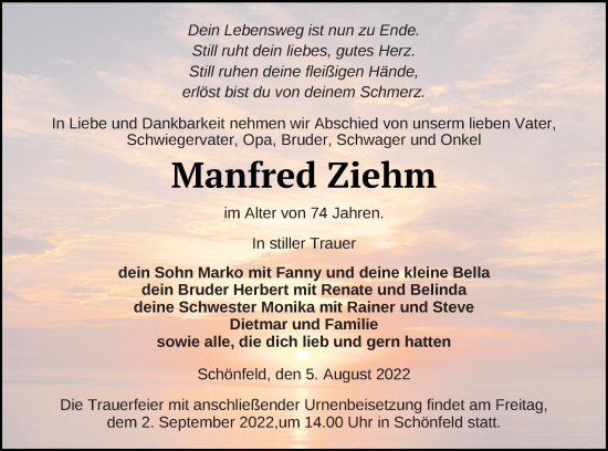 Traueranzeige von Manfred Ziehm von Demminer Zeitung