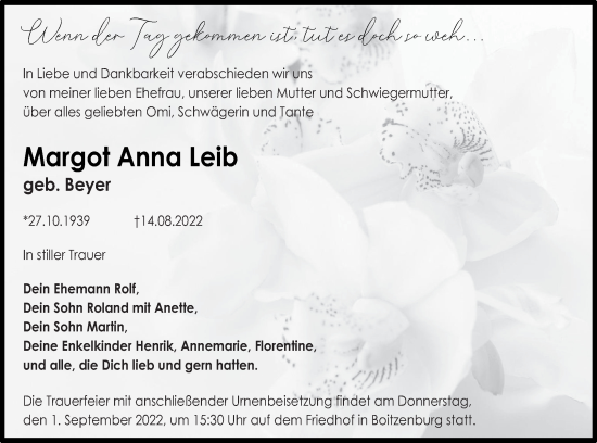 Traueranzeige von Margot Anna Leib von Templiner Zeitung