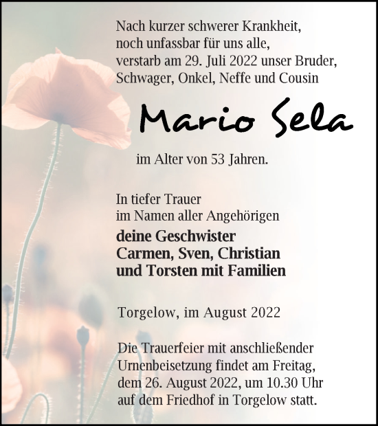 Traueranzeige von Mario Sela von Haff-Zeitung
