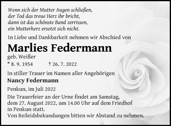 Traueranzeige von Marlies Federmann von Pasewalker Zeitung