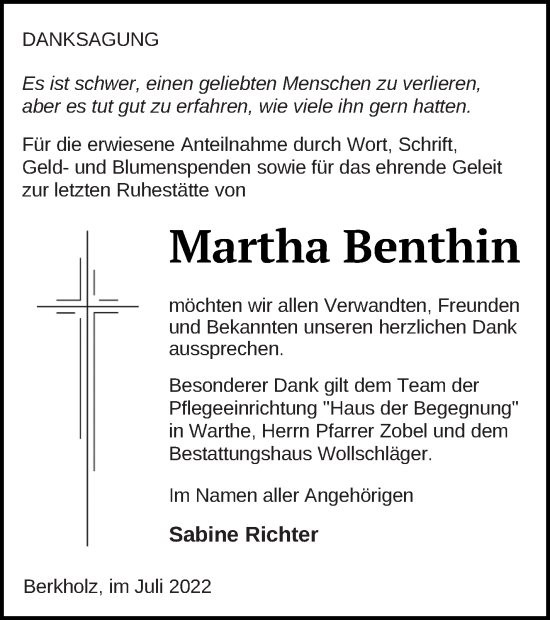 Traueranzeige von Martha Benthin von Prenzlauer Zeitung