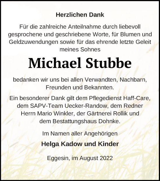 Traueranzeige von Michael Stubbe von Haff-Zeitung