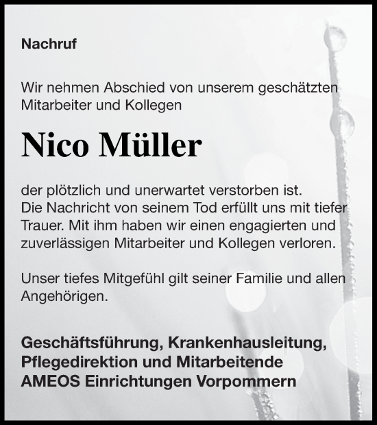 Traueranzeige von Nico Müller von Haff-Zeitung