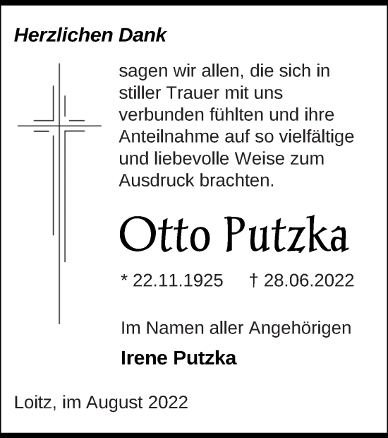 Traueranzeige von Otto Putzka von Vorpommern Kurier