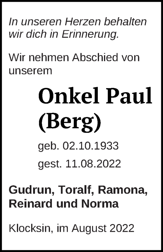 Traueranzeige von Paul Berg von Müritz-Zeitung