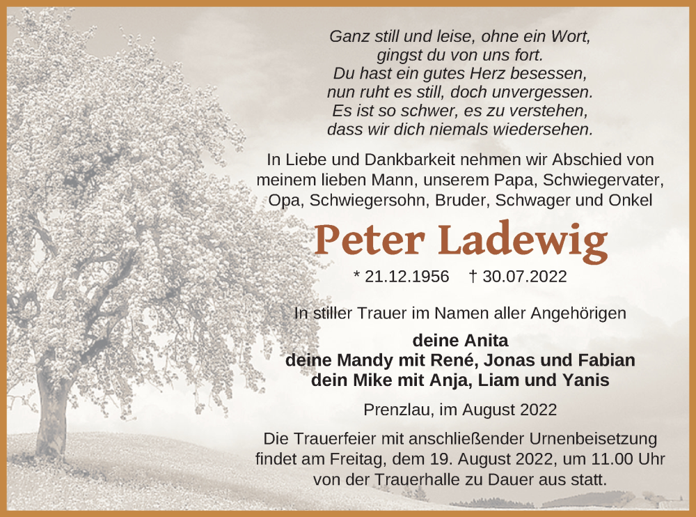  Traueranzeige für Peter Ladewig vom 05.08.2022 aus Prenzlauer Zeitung
