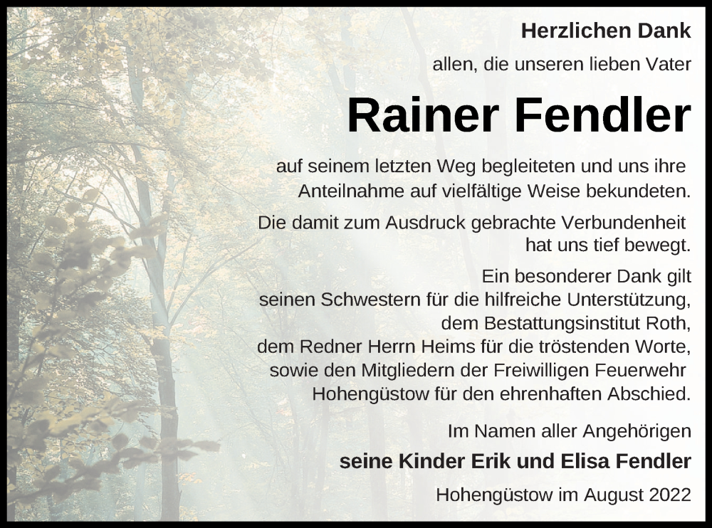  Traueranzeige für Rainer Fendler vom 13.08.2022 aus Prenzlauer Zeitung