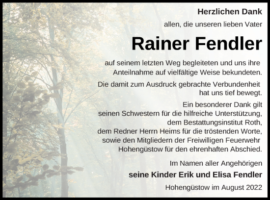 Traueranzeige von Rainer Fendler von Prenzlauer Zeitung