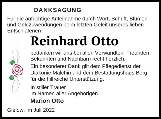 Traueranzeige von Reinhard Otto von Mecklenburger Schweiz