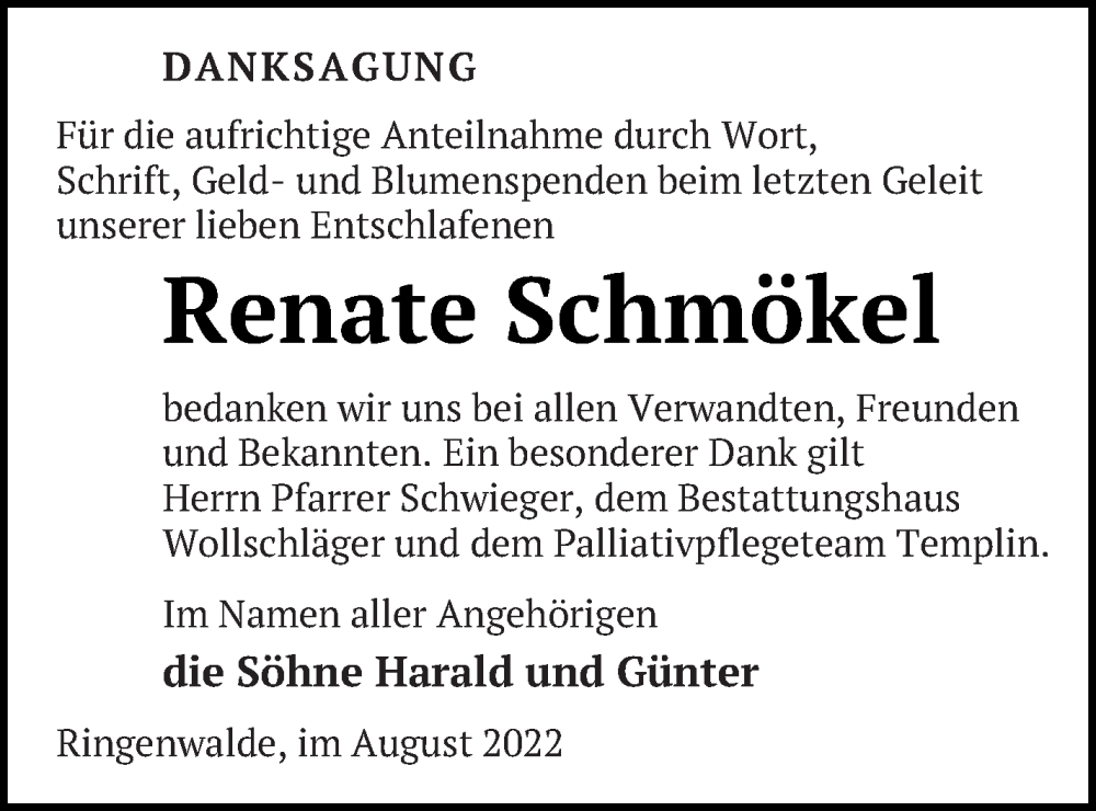  Traueranzeige für Renate Schmökel vom 06.08.2022 aus Templiner Zeitung