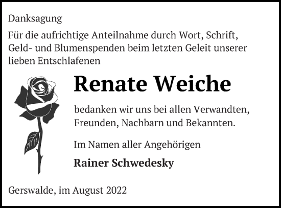 Traueranzeige von Renate Weiche von Templiner Zeitung