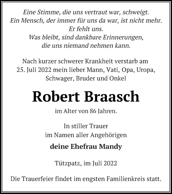 Traueranzeige von Robert Braasch von Neubrandenburger Zeitung