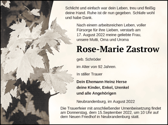 Traueranzeige von Rose-Marie Zastrow von Neubrandenburger Zeitung