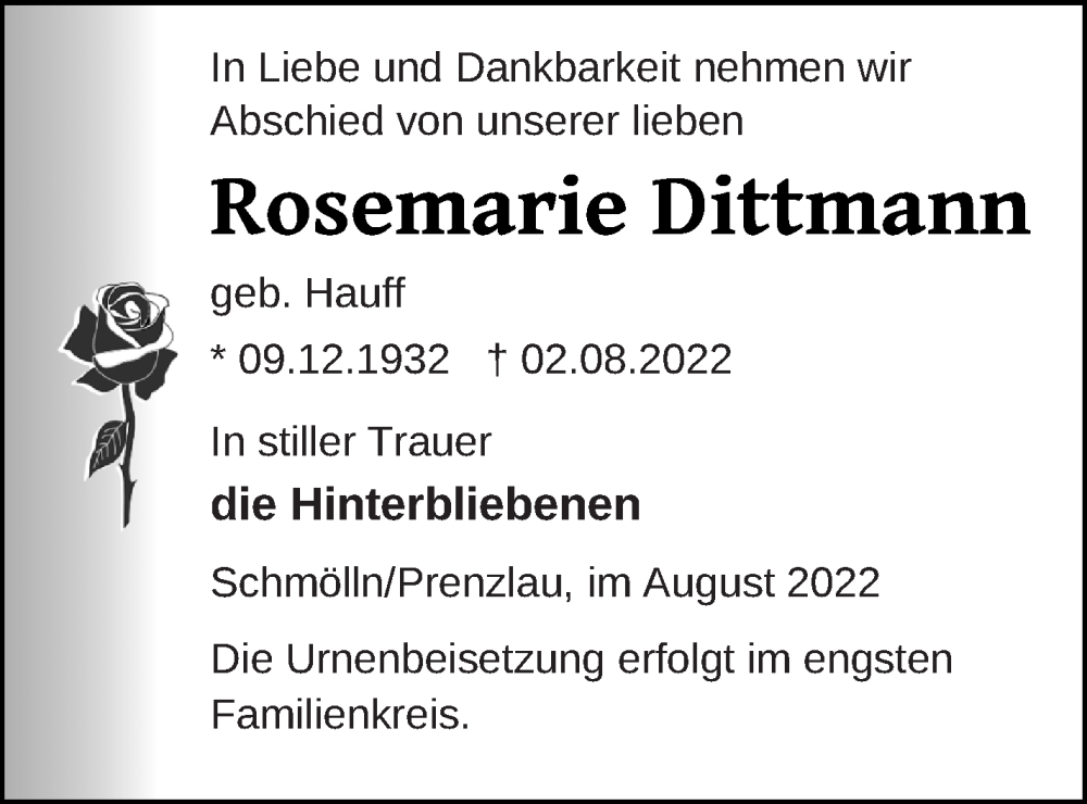  Traueranzeige für Rosemarie Dittmann vom 06.08.2022 aus Prenzlauer Zeitung