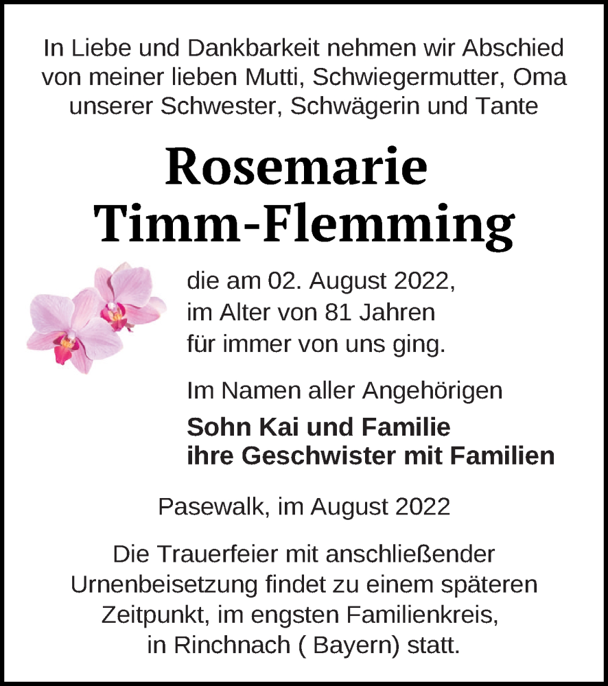  Traueranzeige für Rosemarie Timm-Flemming vom 06.08.2022 aus Pasewalker Zeitung
