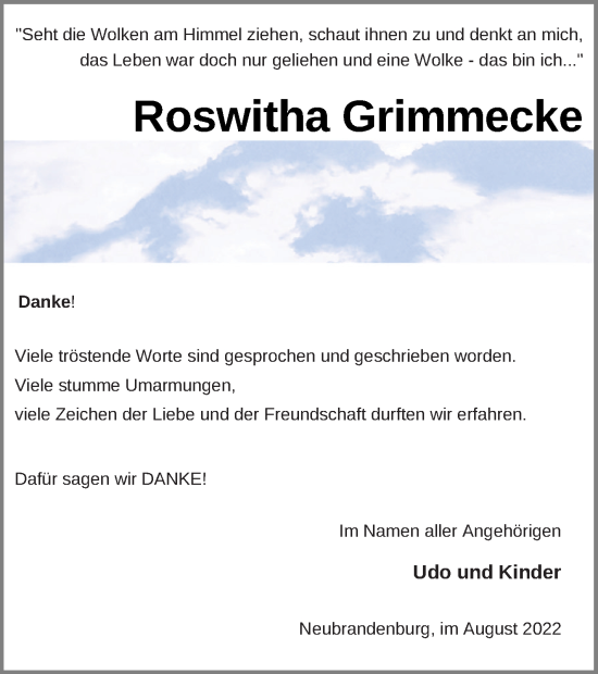 Traueranzeige von Roswitha Grimmecke von Neubrandenburger Zeitung