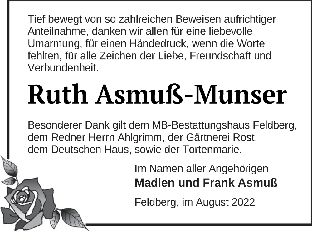  Traueranzeige für Ruth Asmuß-Munser vom 05.08.2022 aus Strelitzer Zeitung
