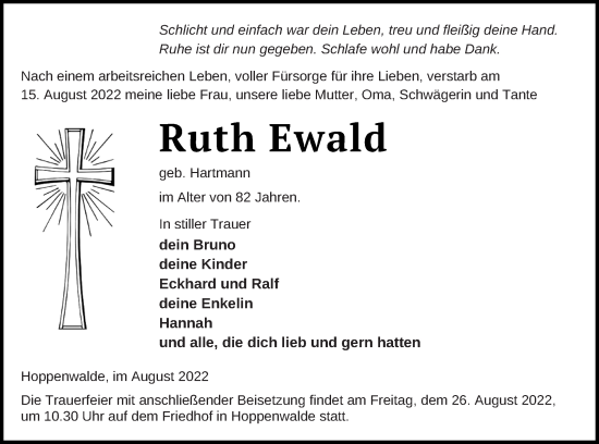 Traueranzeige von Ruth Ewald von Haff-Zeitung