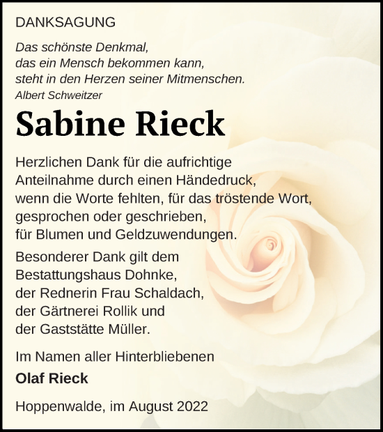 Traueranzeige von Sabine Rieck von Haff-Zeitung