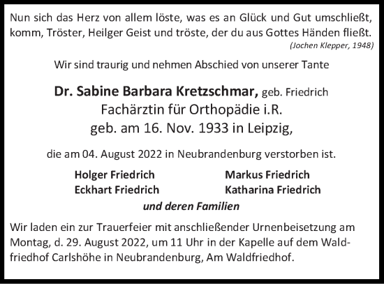 Traueranzeige von Sabine Barbara Kretzschmar von Neubrandenburger Zeitung