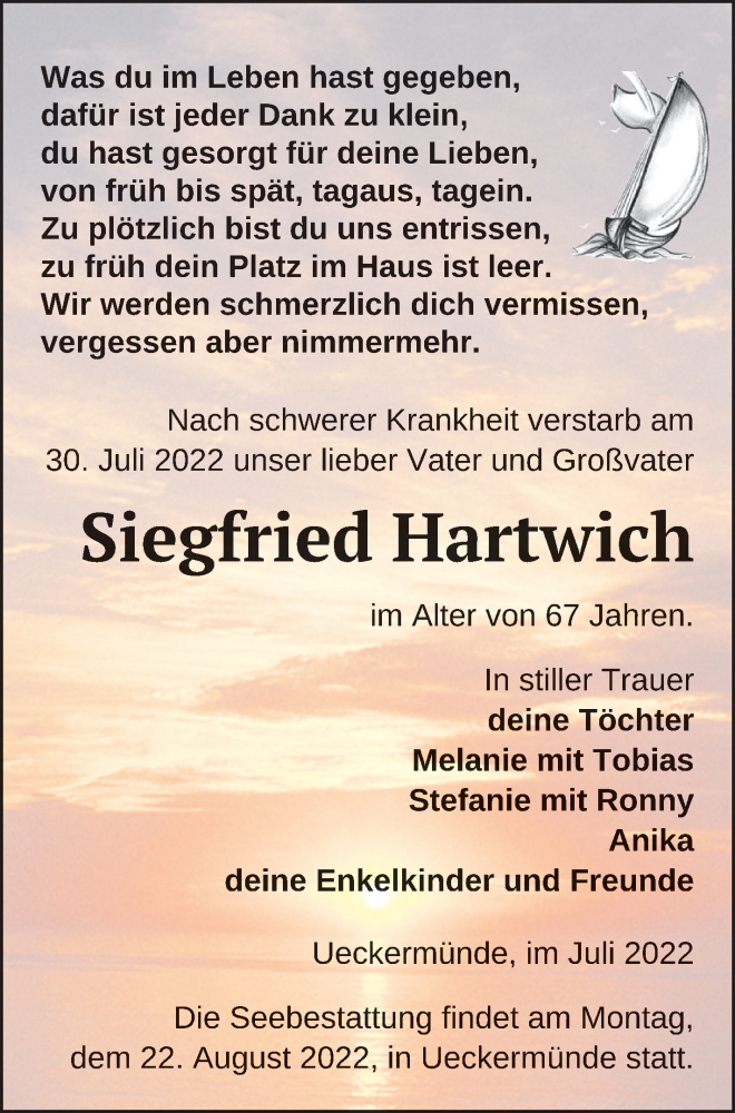  Traueranzeige für Siegfried Hartwich vom 05.08.2022 aus Haff-Zeitung