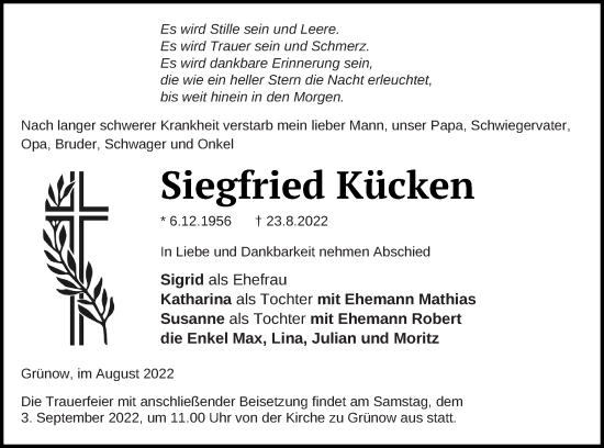 Traueranzeige von Siegfried Kücken von Prenzlauer Zeitung