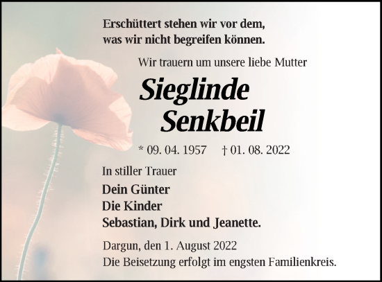 Traueranzeige von Sieglinde Senkbeil von Mecklenburger Schweiz