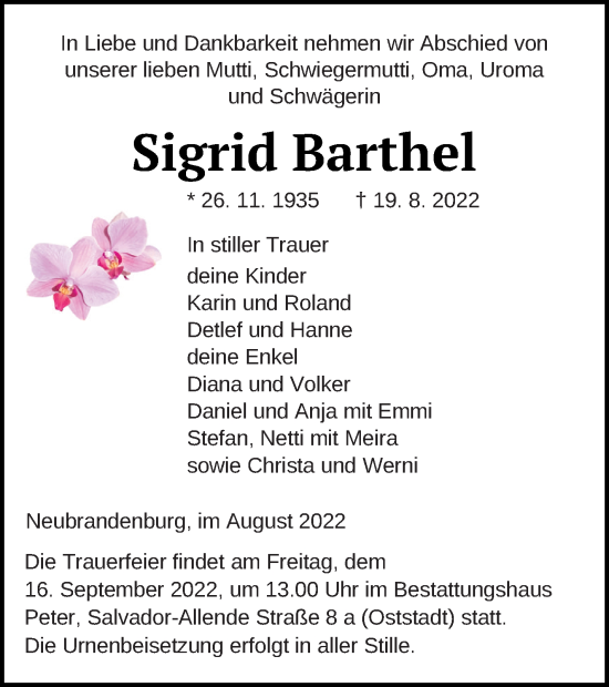 Traueranzeige von Sigrid Barthel von Neubrandenburger Zeitung