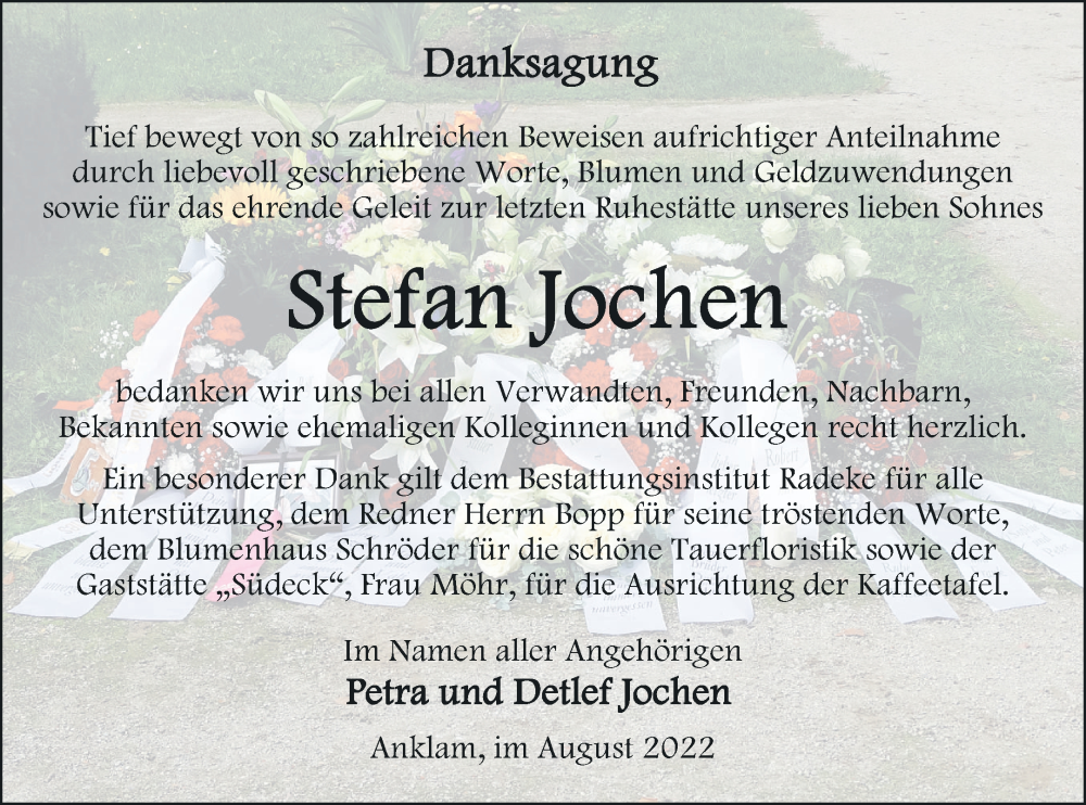 Traueranzeige für Stefan Jochen vom 27.08.2022 aus Vorpommern Kurier