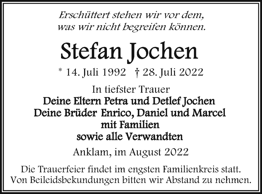  Traueranzeige für Stefan Jochen vom 03.08.2022 aus Vorpommern Kurier