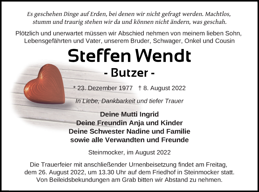  Traueranzeige für Steffen Wendt vom 13.08.2022 aus Vorpommern Kurier