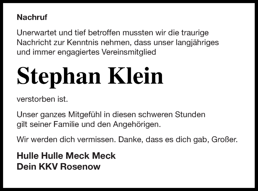  Traueranzeige für Stephan Klein vom 20.08.2022 aus Neubrandenburger Zeitung