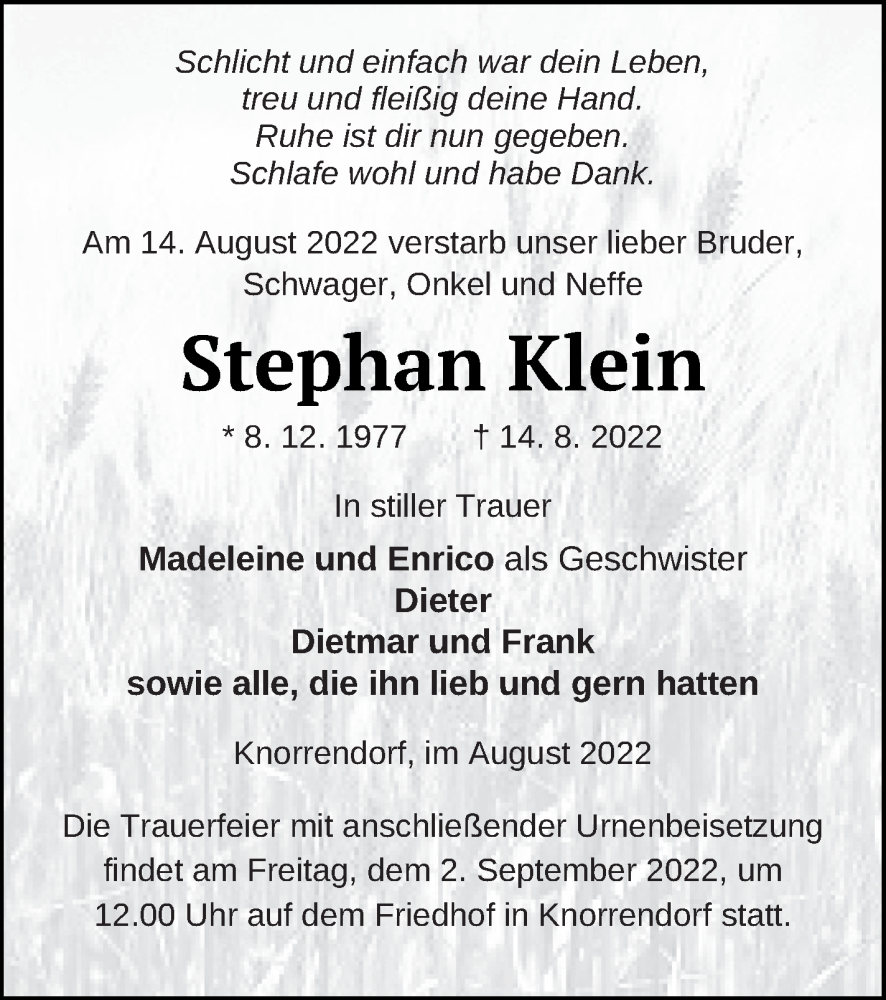  Traueranzeige für Stephan Klein vom 19.08.2022 aus Neubrandenburger Zeitung