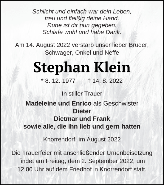 Traueranzeige von Stephan Klein von Neubrandenburger Zeitung