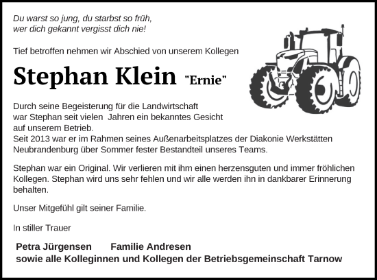 Traueranzeige von Stephan Klein von Neubrandenburger Zeitung