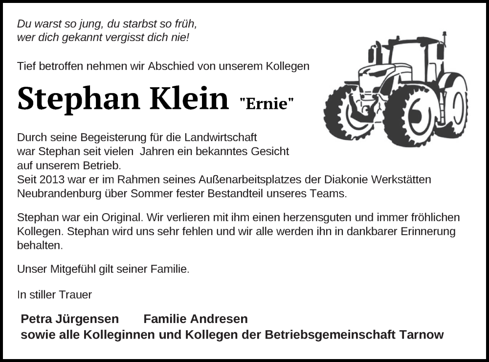  Traueranzeige für Stephan Klein vom 20.08.2022 aus Neubrandenburger Zeitung