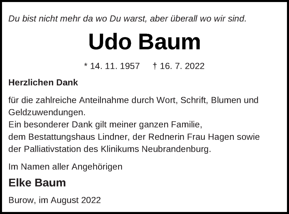  Traueranzeige für Udo Baum vom 12.08.2022 aus Neubrandenburger Zeitung