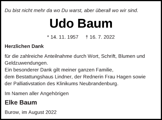 Traueranzeige von Udo Baum von Neubrandenburger Zeitung